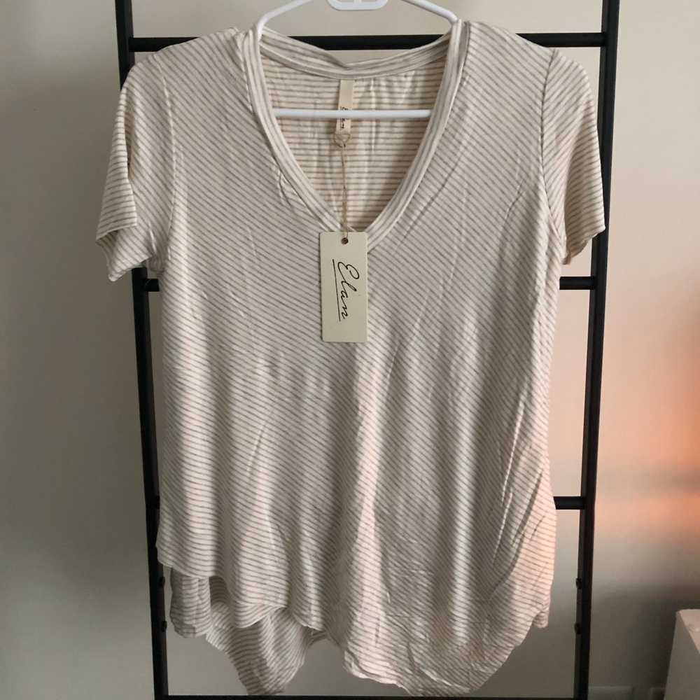 Short sleeve layered, sand, striped t-shirt